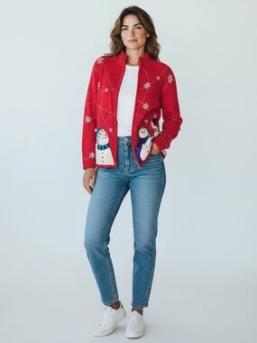 Vtg Y2K Ugly Christmas Sweater Heirloom Collectibles Snowman Zip Sweater Red M